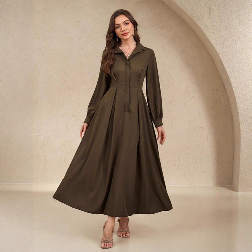 Damen Elegantes Hemdblusenkleid mit schwingendem Rock und praktischen Taschen EB