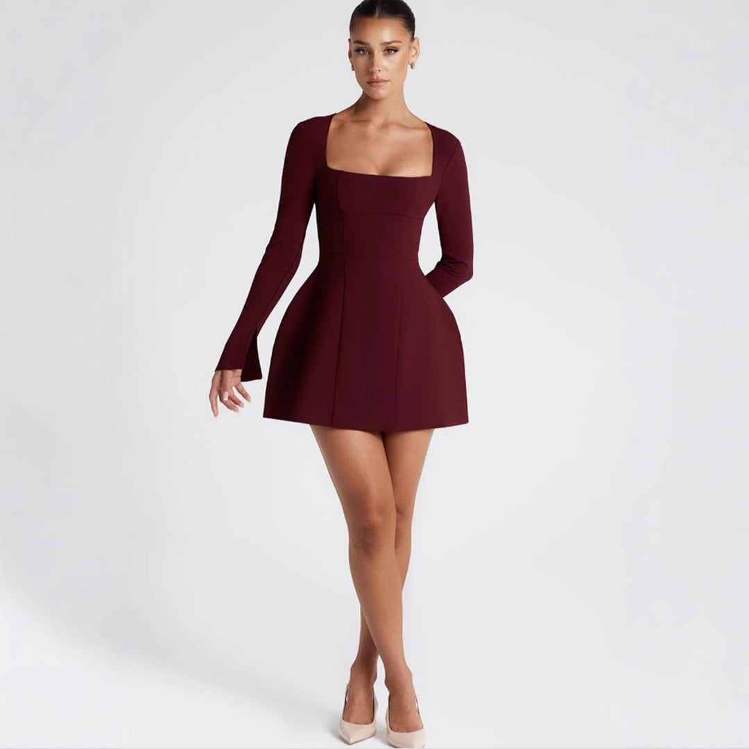 Damen Figurbetontes Minikleid mit elegantem quadratischem Ausschnitt und langen Ärmeln EB