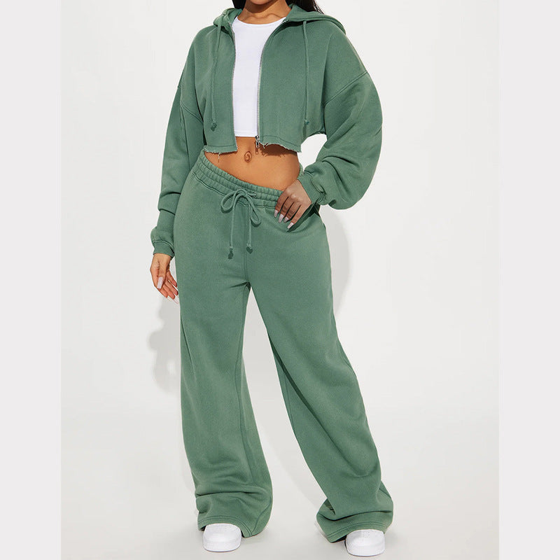 Damen nan Kapuzen-Crop-Top und weite Jogginghose Lounge-Set aus weichem Fleece EB