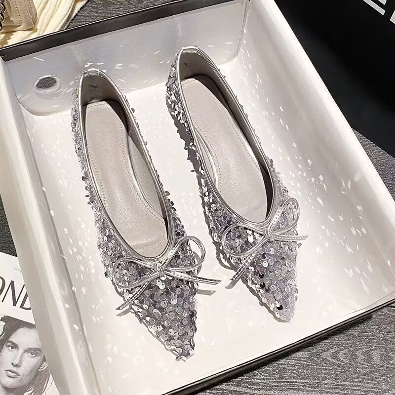 Damen funkelnde Ballerinas mit spitzem Zehenbereich und dekorativem Paillettenschmuck EB