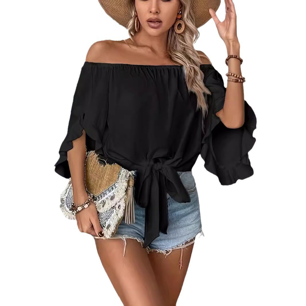 Damen Off-Shoulder-Bluse mit Rüschendetails und Taillenbindung EB