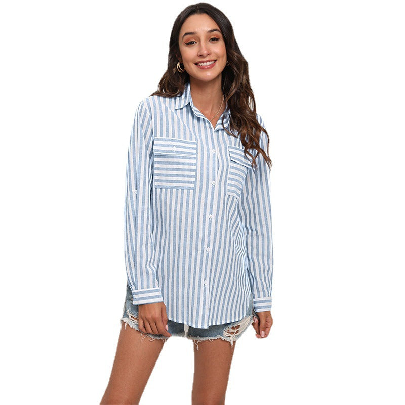 Damen gestreiftes Oversized-Hemd mit eleganten Knopfdetails EB