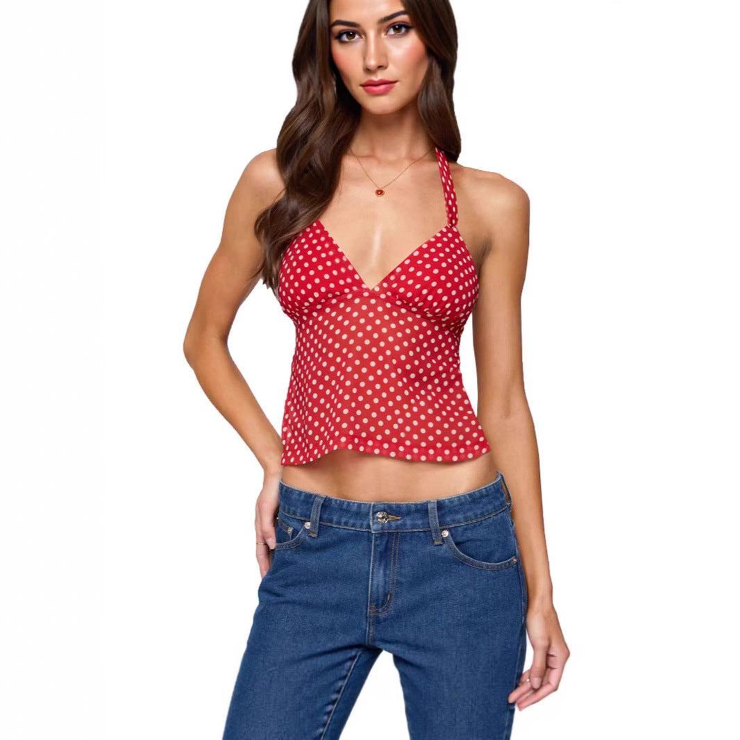 Damen luftiges Polka-Dots Oberteil mit tiefem V-Ausschnitt und Trägern EB