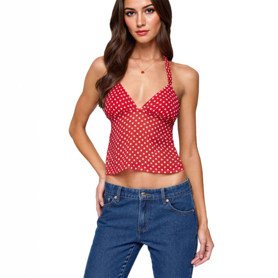 Damen luftiges Polka-Dots Oberteil mit tiefem V-Ausschnitt und Trägern EB