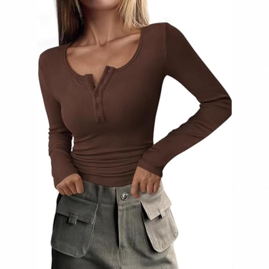 Damen Langärmeliges Rippshirt mit Henley-Knopfleiste und taillierter Passform EB