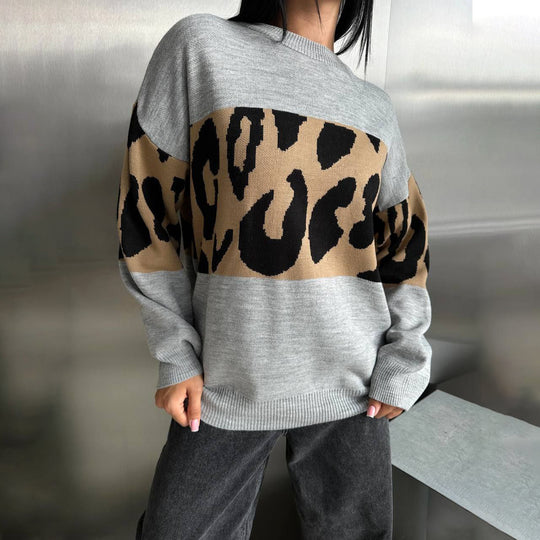 Damen Oversized Strickpullover mit Leoparden-Bahnen, überschnittener Schulter und geripptem Saum Eichborn Berlin