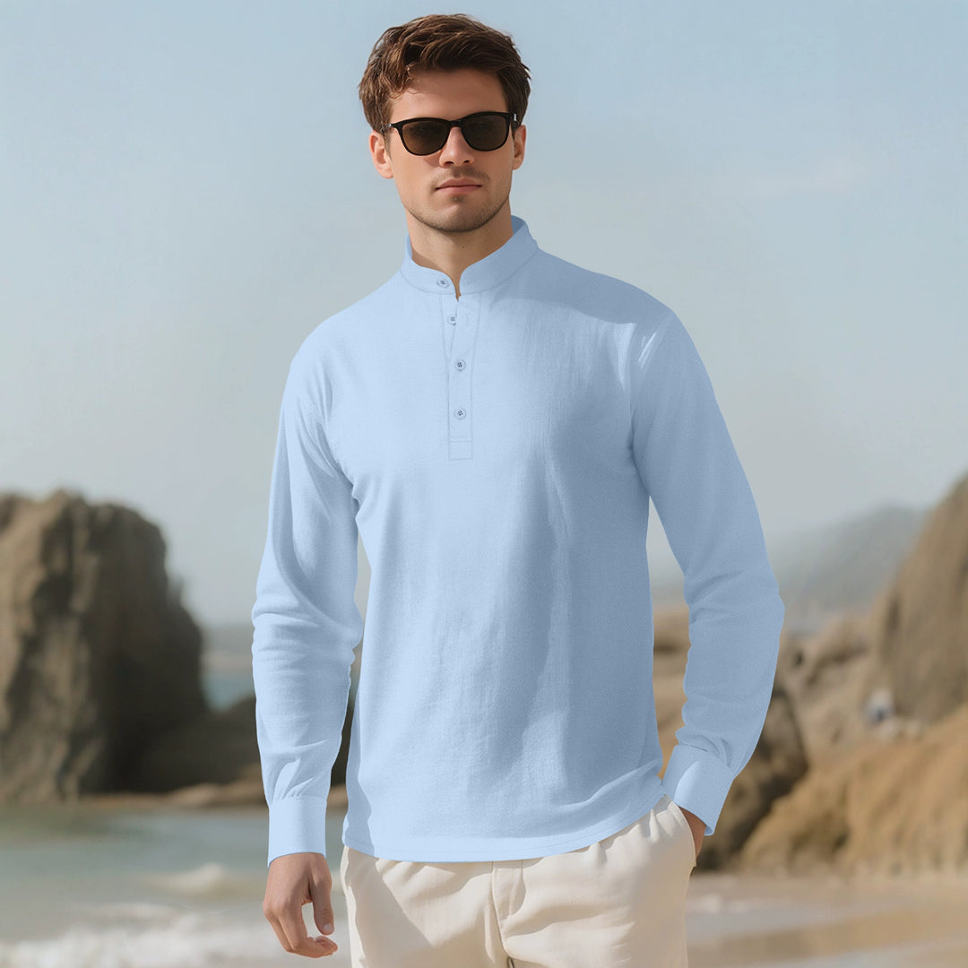 Herren nan Nehru-Kragen-Henley aus Baumwollstretch mit verdeckter Knopfleiste und schmaler Passform EB