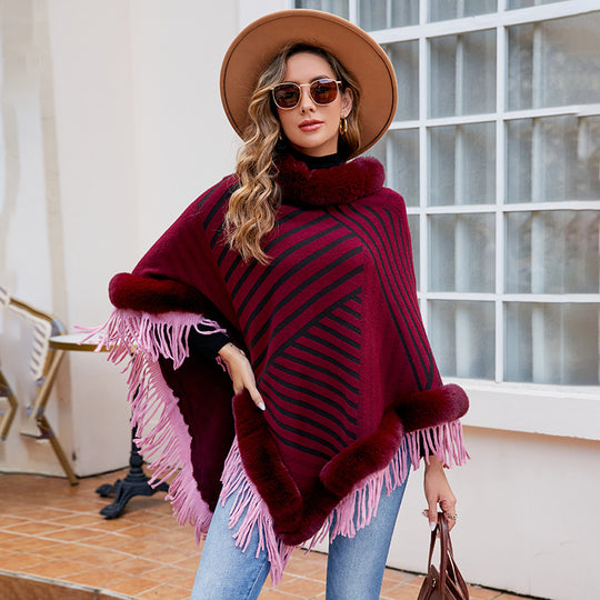 Damen modischer Poncho mit elegante Fransenverzierung EB