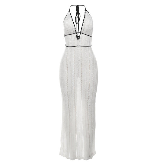 Damen Strick Maxikleid mit tiefem V-Ausschnitt und Bindebändern EB