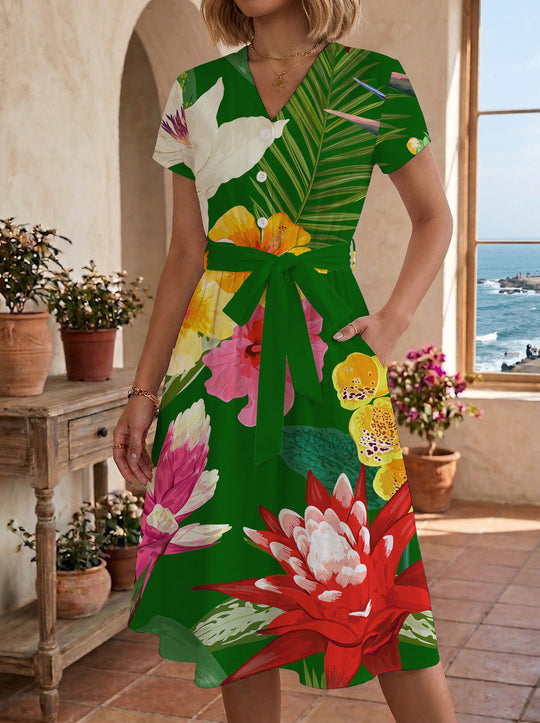 Damen Midikleid mit floralem Motiv und Taillengürtel EB