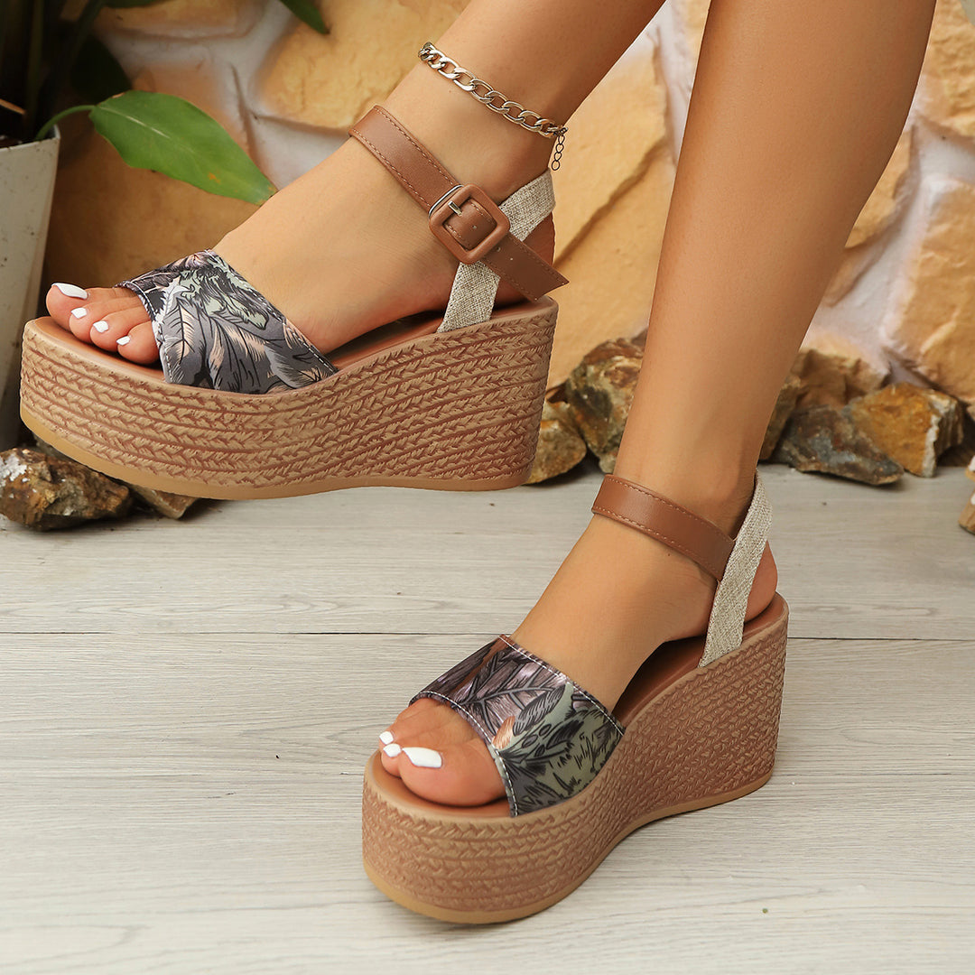 Damen Wedge-Sandalen mit floralen Mustern und verstellbarem Riemen EB