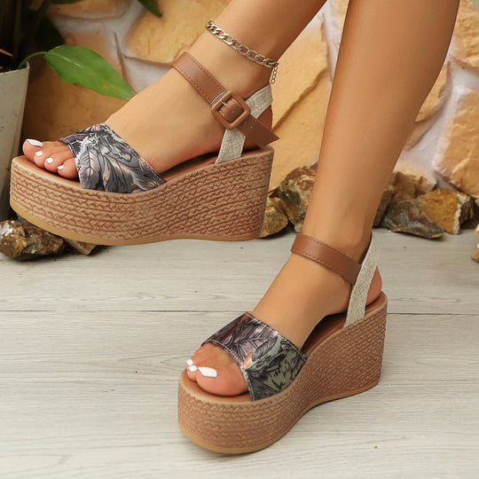 Damen Wedge-Sandalen mit floralen Mustern und verstellbarem Riemen EB