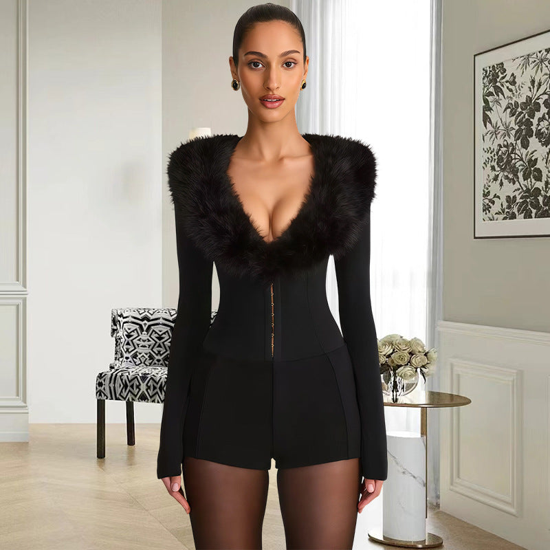Damen Jumpsuit mit königlichem Fellkragen und figurbetontem Schnitt EB
