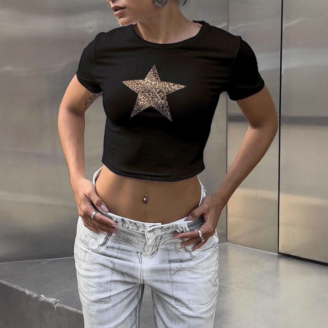 Damen Crop-T-Shirt mit stilvollem Leopardenstern-Design EB