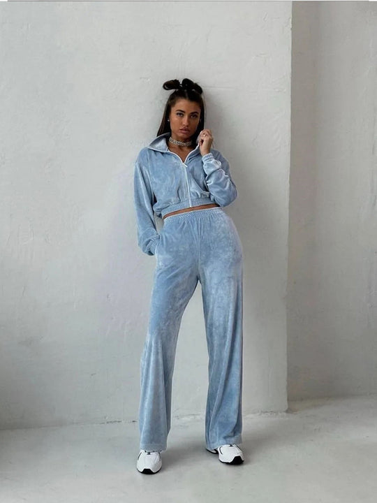 Damen nan Cropped Velours-Joggingset mit halbem Reißverschluss, gerafftem Komfortbund und breiten Bündchen EB