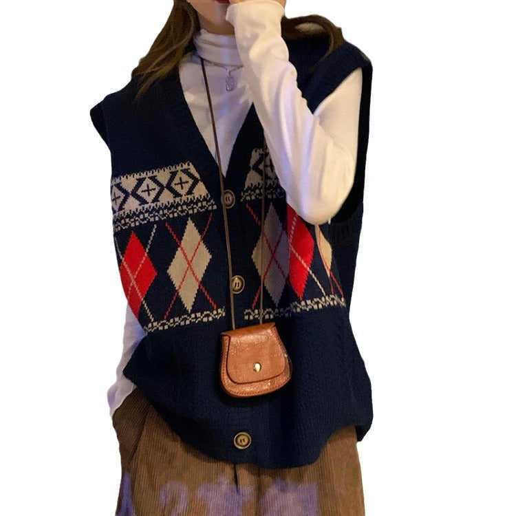 Damen Strickweste mit elegantem Rautenmuster und Knopfdetail EB