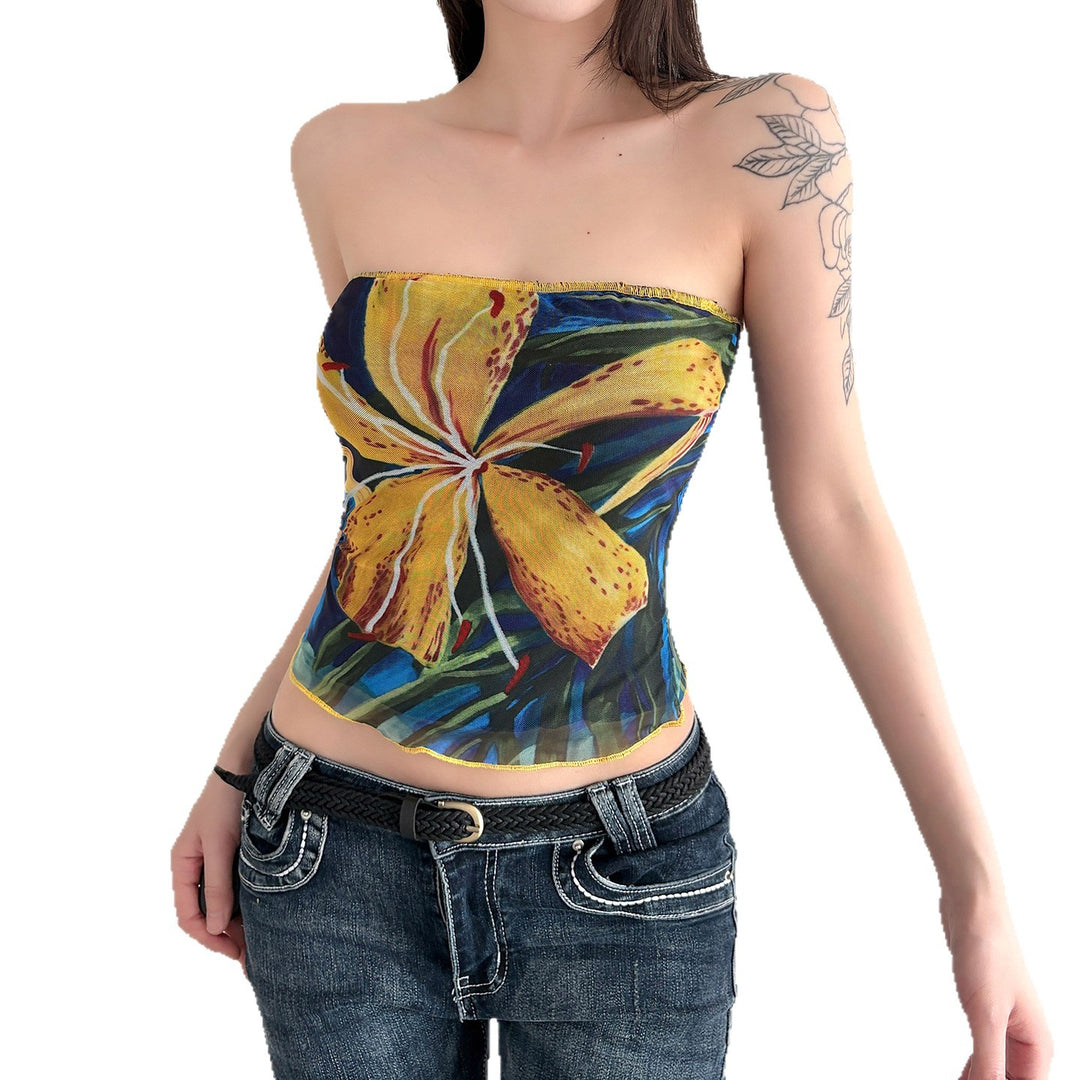 Damen Bandeau-Top mit buntem floralen Druck und elastischem Saum EB