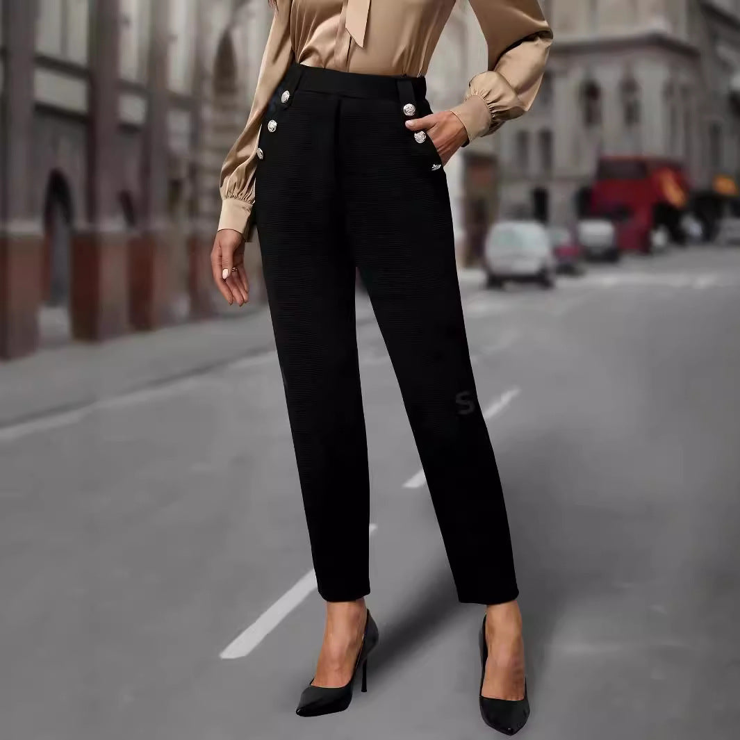 Damen elegante Anzughose mit doppeltem Knopfverschluss und schmalem Bein EB