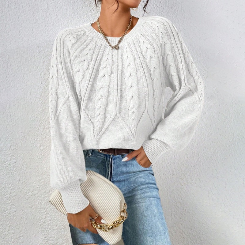 Damen nan kurzer Zopfmuster-Strickpullover mit Ballonärmeln und geripptem Saum EB