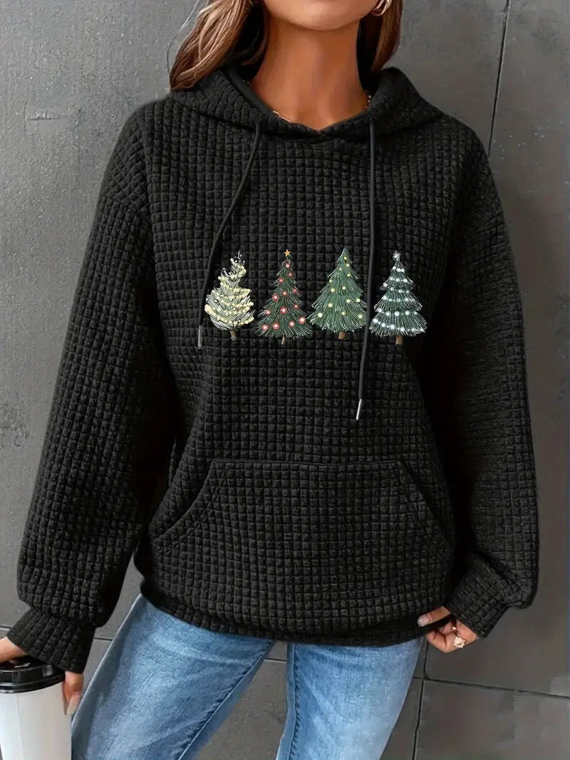Damen Waffel-Pullover mit übergroßer Kapuze und festlichem Baumdesign EB