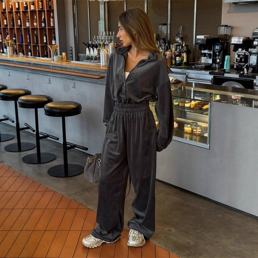 Damen Samt-Jumpsuit mit weitem Bein, elastischer Taillenpartie und Stehkragen EB