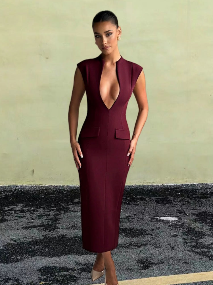 Damen elegantes Figurbetontes Kleid mit tiefem V-Ausschnitt und praktischen Taschen EB