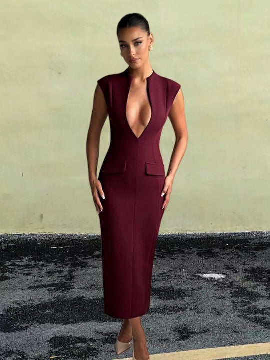 Damen elegantes Figurbetontes Kleid mit tiefem V-Ausschnitt und praktischen Taschen EB