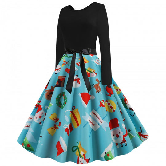 Damen Retro-Festkleid mit kontrastiertem Oberteil, ausgestelltem Tellerrock und Satintaillengürpe EB