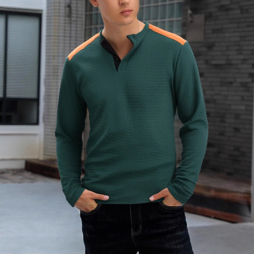 Herren nan strukturiertes Henley-Langarmshirt mit Stehkragen, Schulterpaspel und Waffelstruktur EB