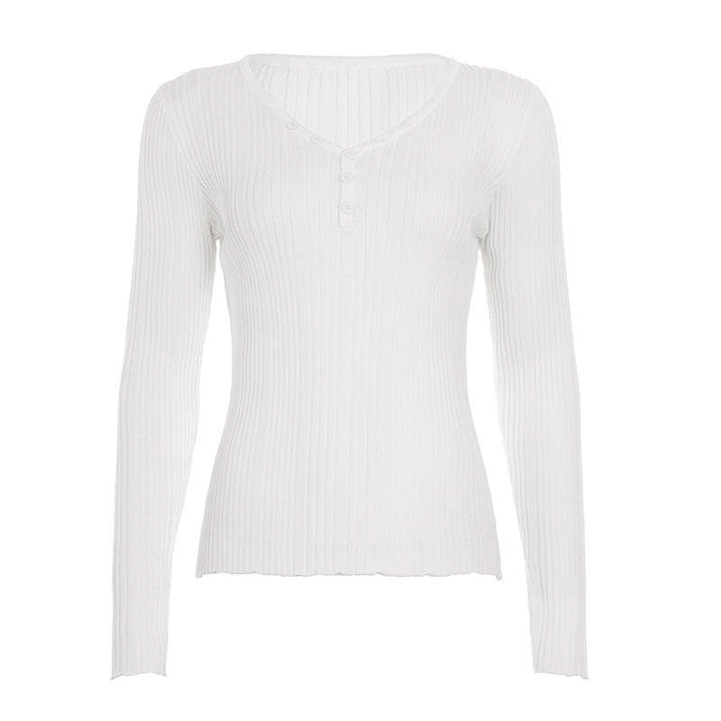Damen nan feinstrukturierter Rippstrick-Longsleeve mit V-Ausschnitt, Henley-Knopfleiste und taillierter Passform EB