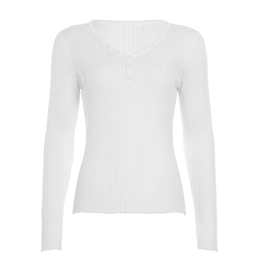 Damen nan feinstrukturierter Rippstrick-Longsleeve mit V-Ausschnitt, Henley-Knopfleiste und taillierter Passform EB