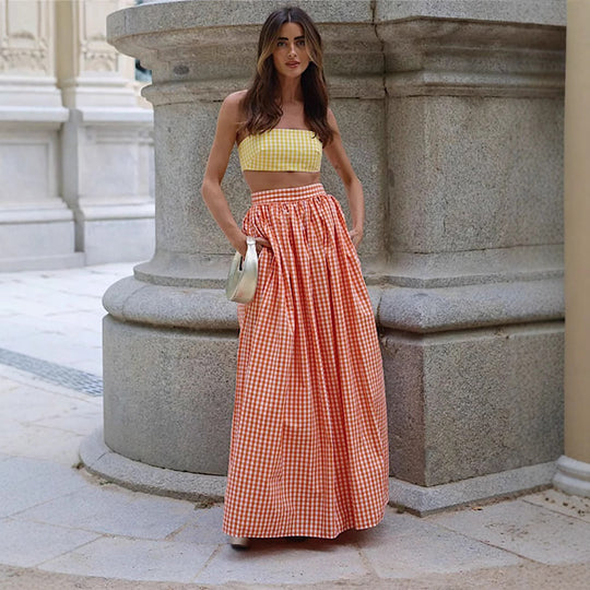 Damen Set aus Crop-Top und Maxirock mit elegantem Rüschendesign EB