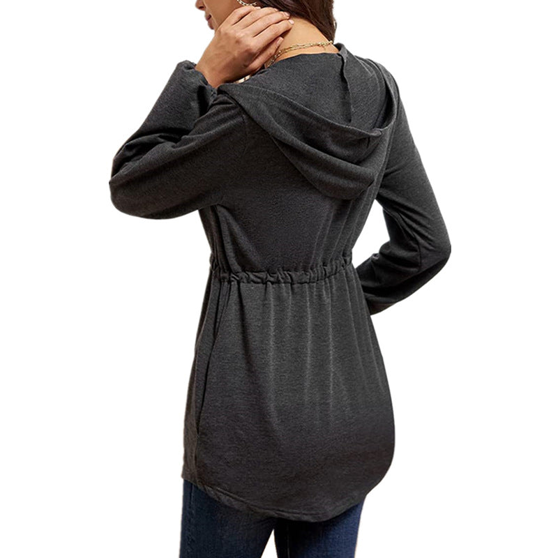 Damen lässige Oversized-Hemdjacke mit Kapuze und Taillenzug EB