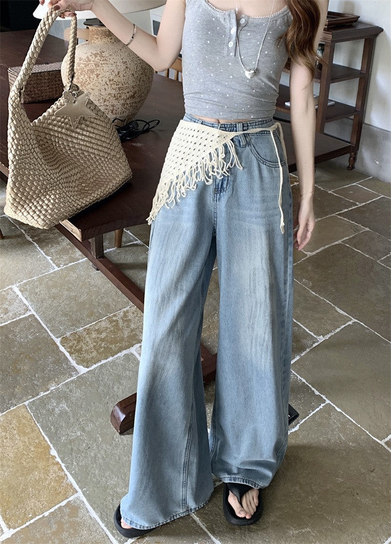 Damen Weite Jeanshose mit fransigem Gürtel EB