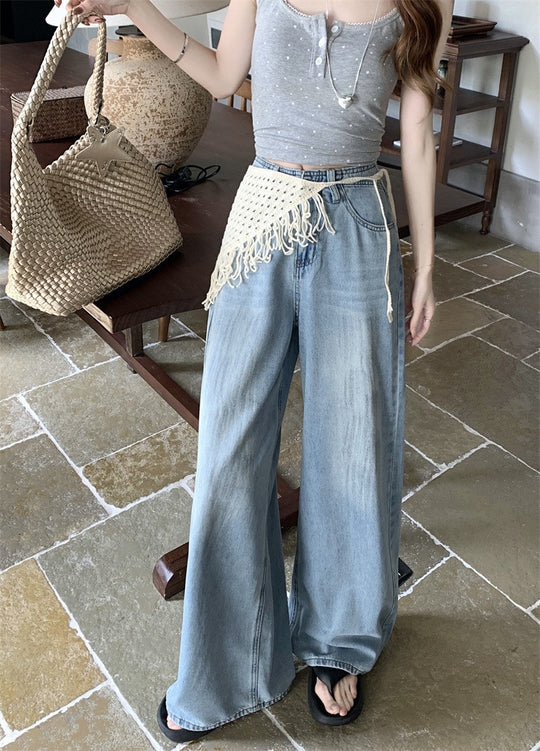 Damen Weite Jeanshose mit fransigem Gürtel EB