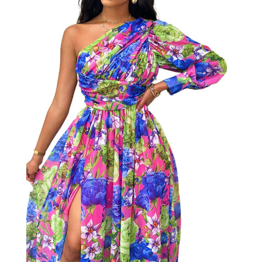 Damen Blumen Ein-Schulter Maxi Kleid EB