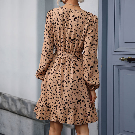 Damen Chiffon-Wickelkleid mit Animal-Print, V-Ausschnitt und Volantrock EB