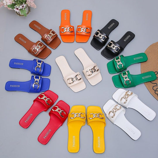 Damen Modische Riemenslipper mit dekorativem Ketten-Detail EB