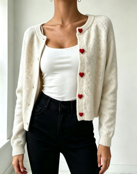 Damen Strickcardigan mit herzförmigen Zierknöpfen und weicher Mohair-Optik EB