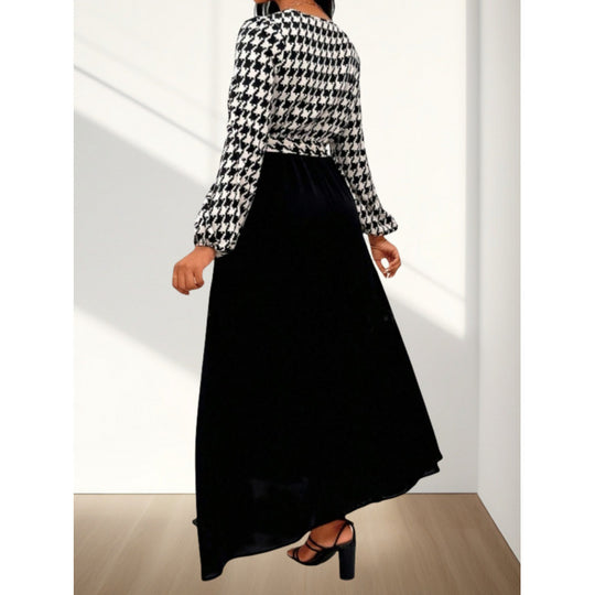 Damen Maxi-Kleid mit Kreuzverschluss und elegantem Hahnentrittmuster EB