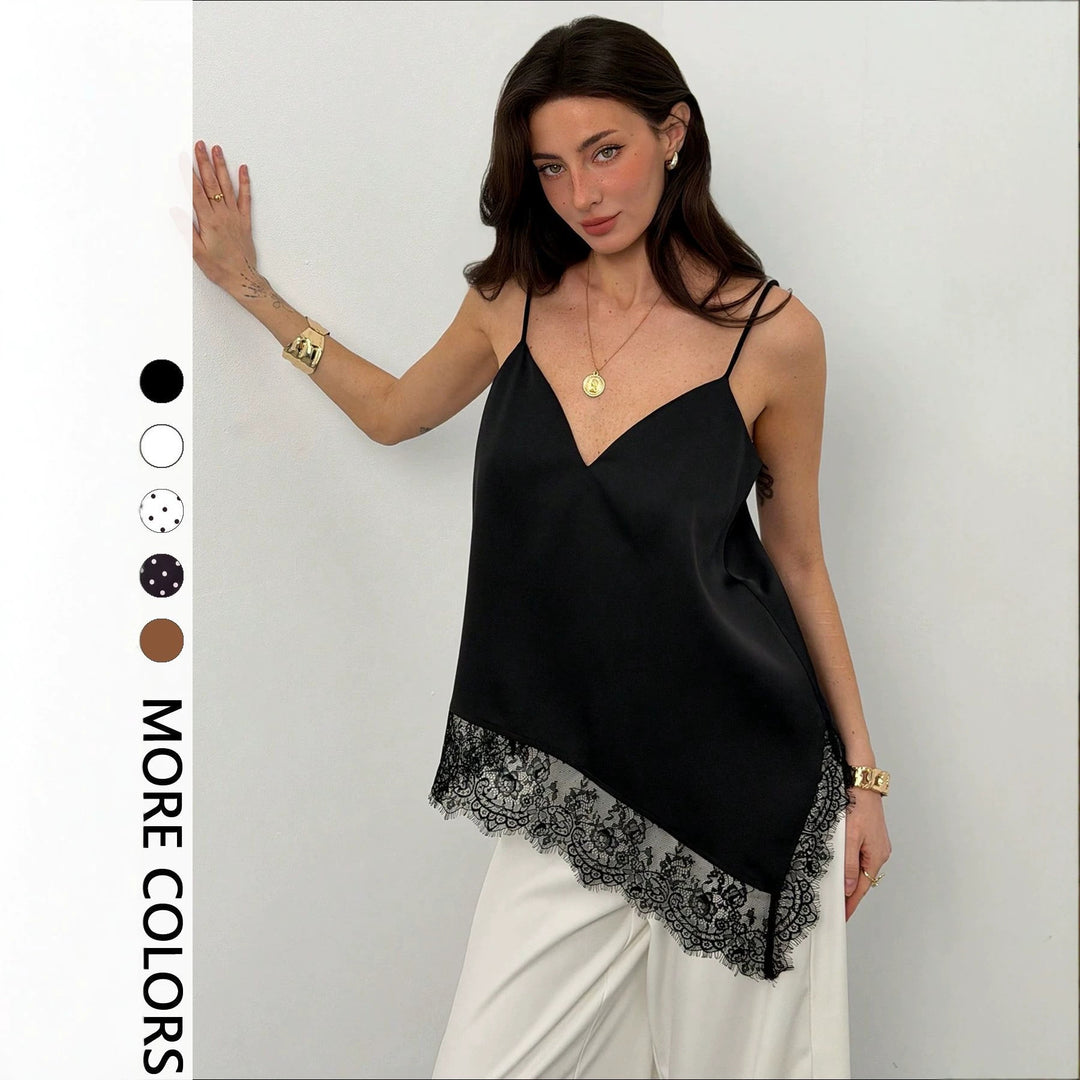 Damen nan seidig-glänzendes Spaghettiträger-Cami mit asymmetrischer Spitzenkante EB