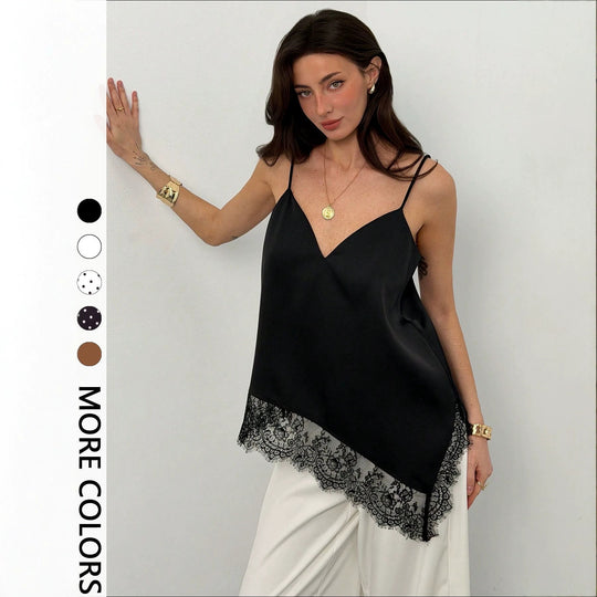 Damen nan seidig-glänzendes Spaghettiträger-Cami mit asymmetrischer Spitzenkante EB