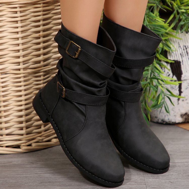 Damen nan lässige Slouch-Ankleboots mit zwei Zier-Riemen und dekorativen Metallschnallen EB
