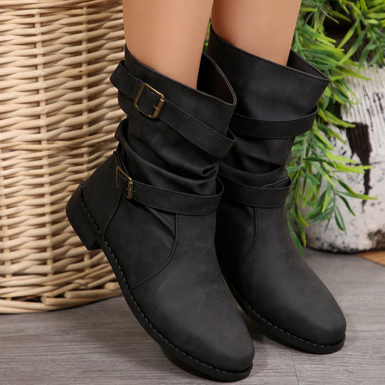 Damen nan lässige Slouch-Ankleboots mit zwei Zier-Riemen und dekorativen Metallschnallen EB