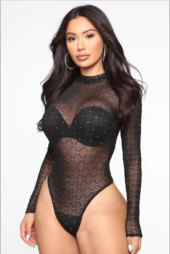 Damen Langärmeliger Bodysuit mit funkelndem Netzdesign EB