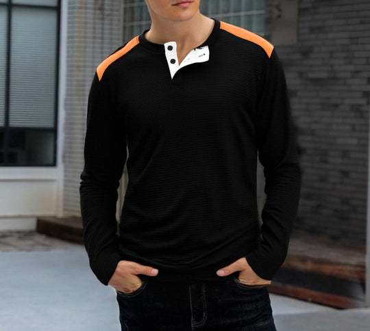 Herren nan strukturiertes Henley-Langarmshirt mit Stehkragen, Schulterpaspel und Waffelstruktur EB