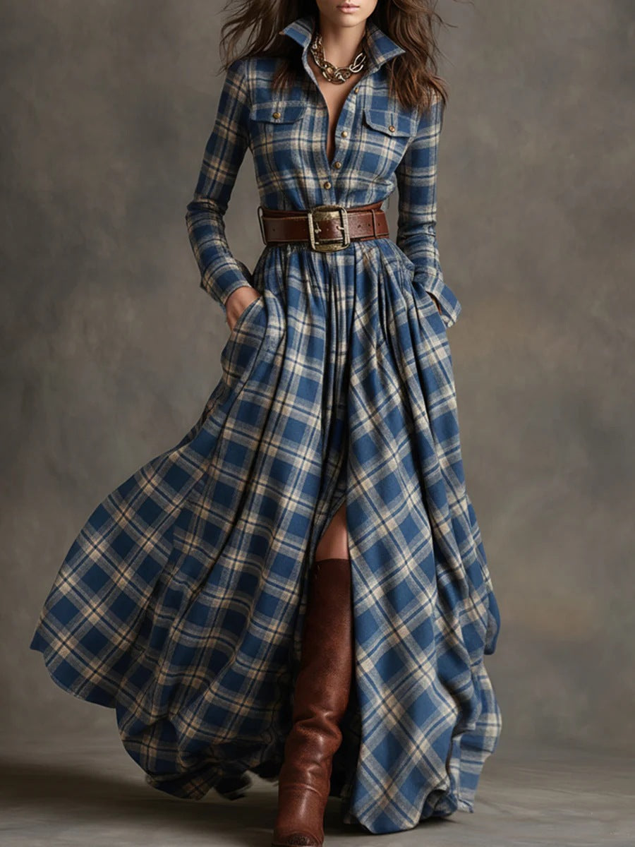 Damen nan karierte Maxikleid Hemdblusenkleid mit ausgestelltem Rock und breitem Taillengürtel EB