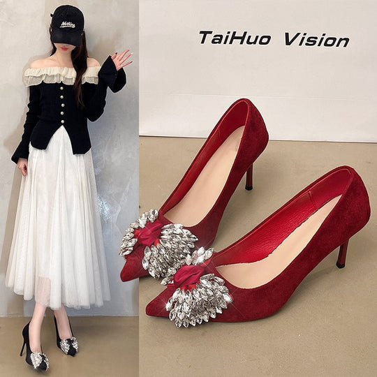 Damen elegante Pumps mit strassbesetztem Blumenmotiv EB