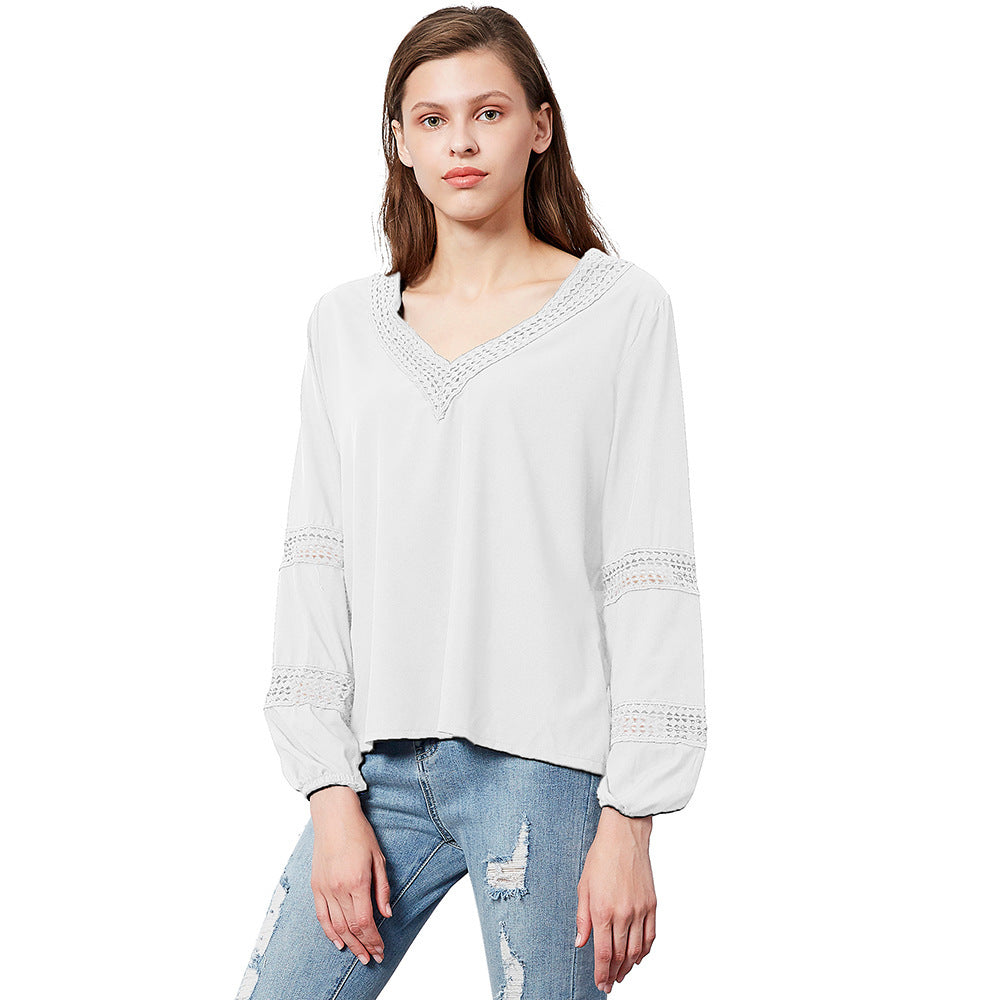 Damen luftige Bluse mit V-Ausschnitt und Spitzenbesatz EB