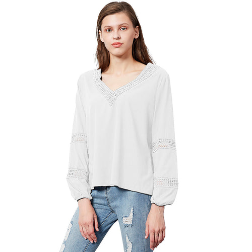 Damen luftige Bluse mit V-Ausschnitt und Spitzenbesatz EB